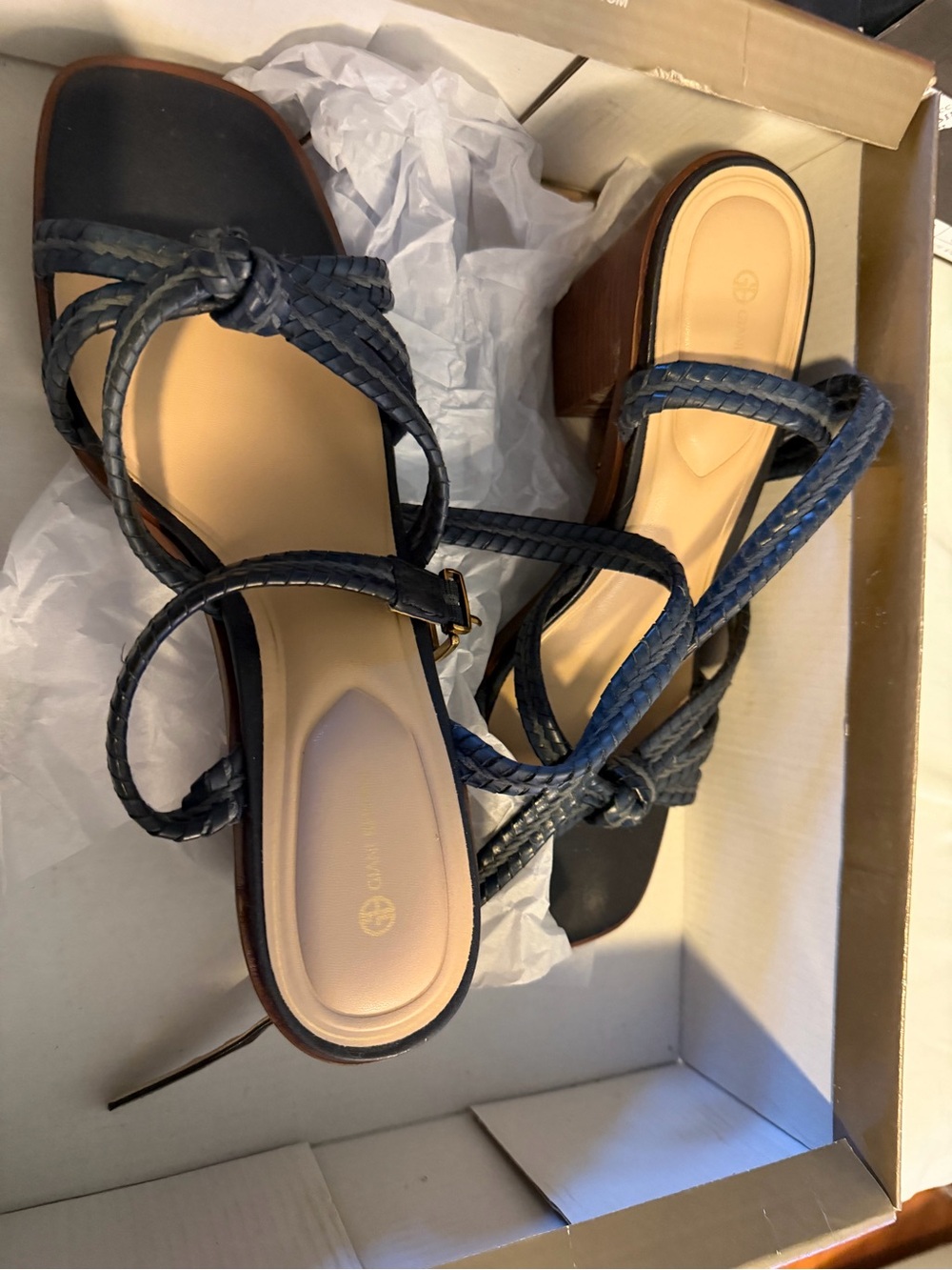 Braided Navy Strappy Block Heel Sandals